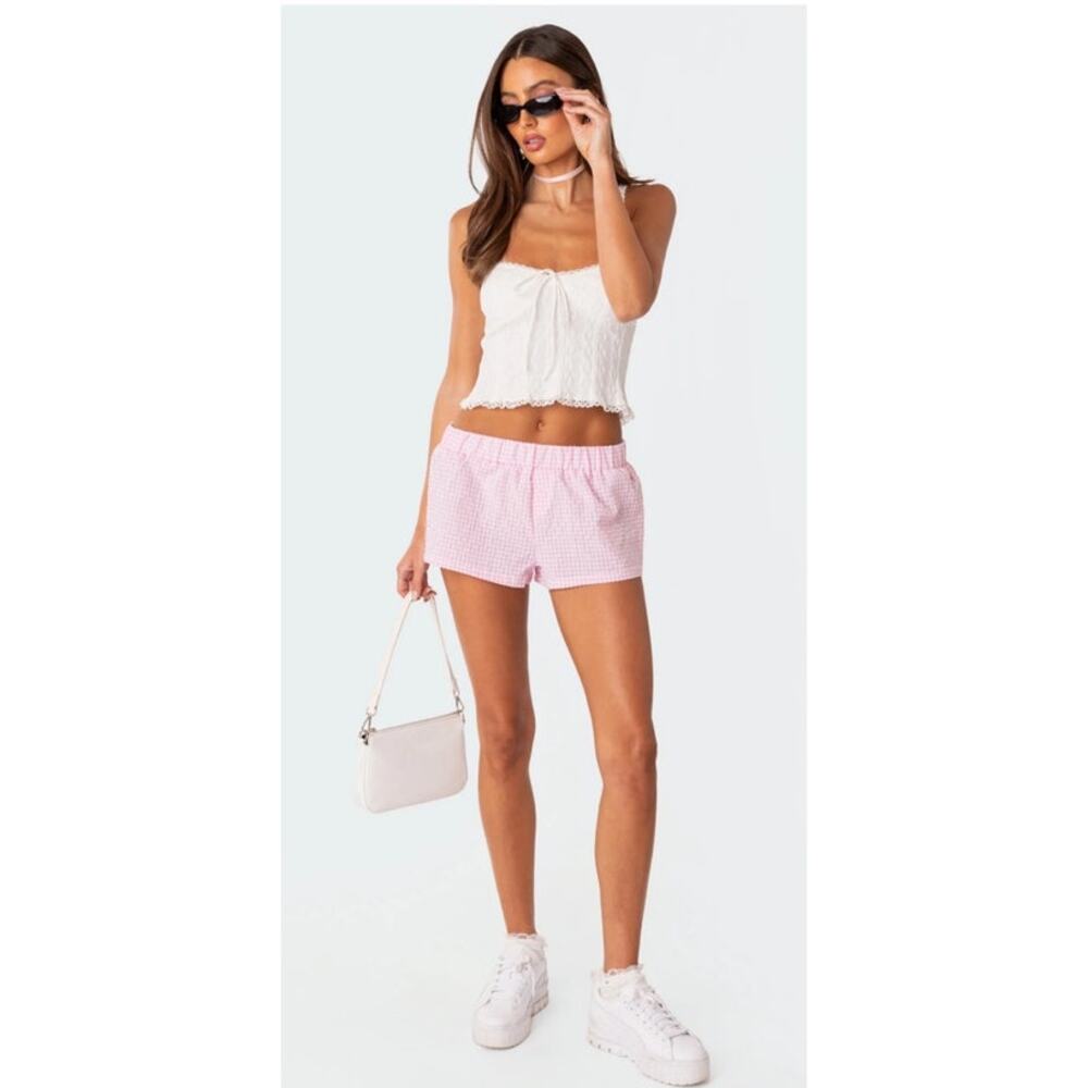 edikted Womens Gingham Elastic Waist Cotton Blend Boxer Shorts Medium NEW